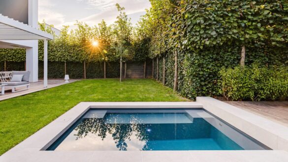 olika pool storlekar i trädgård vid villa