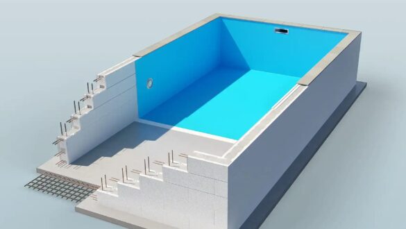 Thermopool byggd med isolerande thermoblock som fylls med betong